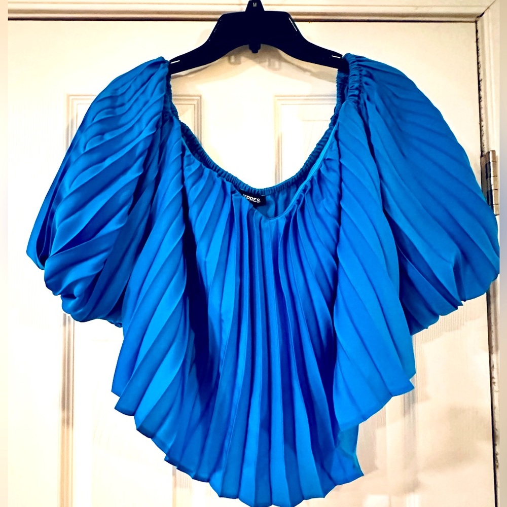 bright blue Express off the shoulder top